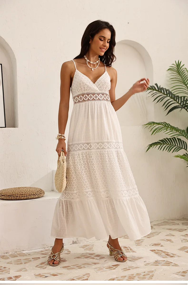Boho vintage estilo francês vestido de tiras branco verão vocação mulheres rendas crochê oco para fora sexy senhoras em camadas vestidos novo