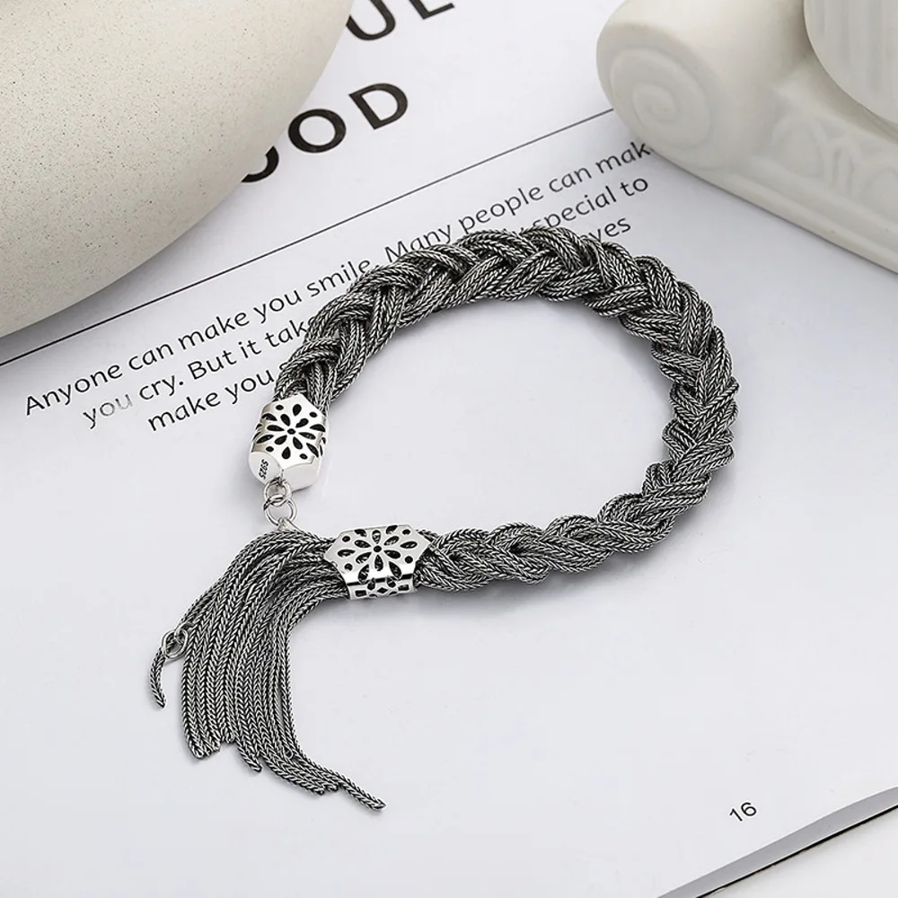 Real Solid 925 Sterling Silver Chain Women Lucky Wheat Foxtail Braided Rope Tassel Bracelet  