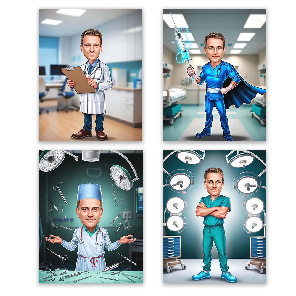 

Laboratory Technician Cartoon Portrait Poster Custom Laboratory Caricature Print Surgeon Cartoon Portrait Canvas Painting Decor