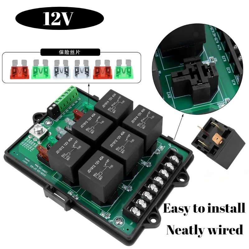 

12V Automotive Fuse Relay Box 6 Way JD1912 Relay 40A Module and 14 Medium Fuses Sheets with LED Light Car Fuse Holder Set