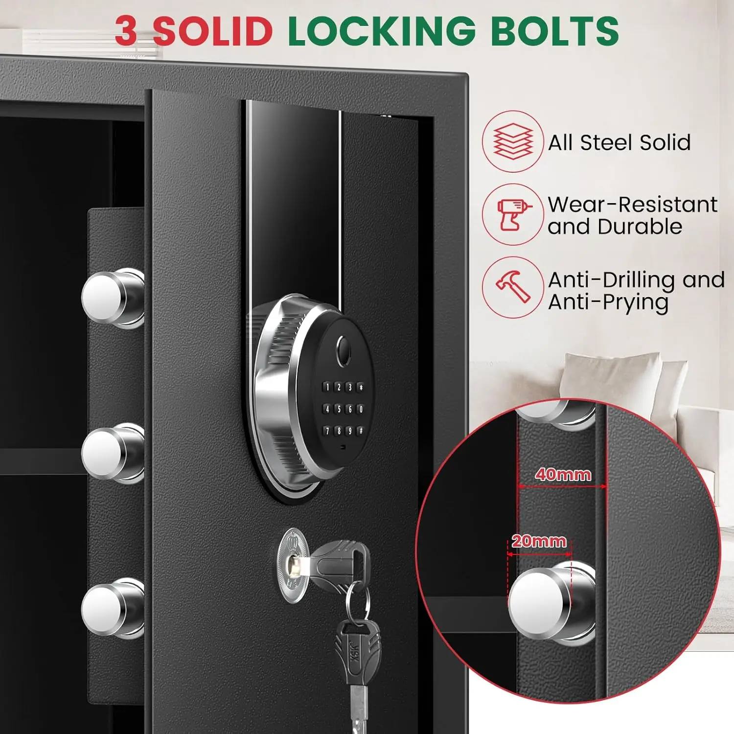 2.0 Cuft Biometric Safe Box, Fireproof Safe for Home with Digital Keypad and Spare Keys, Safety Box for Money, Documents, and ot