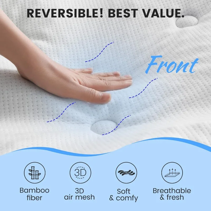 Reversible Queen Mattress Pad Memory Foam, Bamboo Viscose Egg Crate Mattress Topper Queen Size, Noiseless Waterproof Mattress