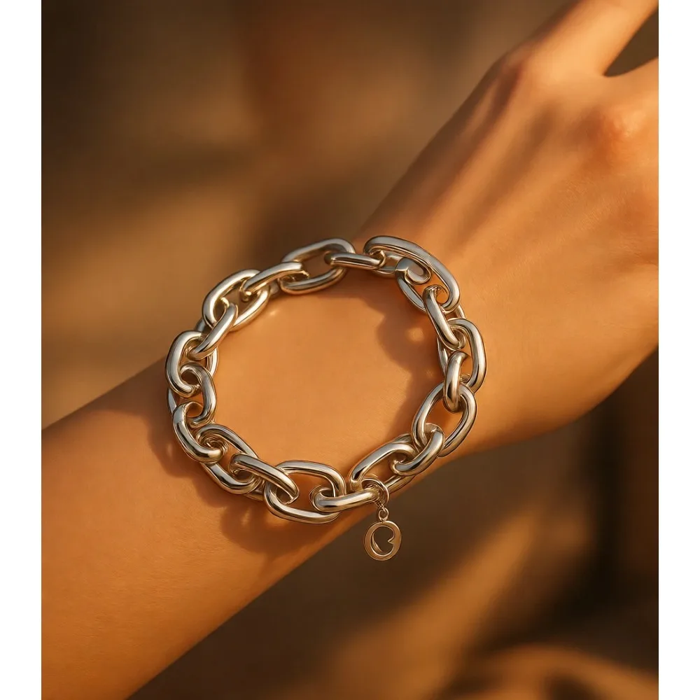 

Массивный браслет-цепочка с звеньями в виде скрепок для женщин, позолоченное серебро 925 пробы, толстое панк-украшение, 8-9 дюймов