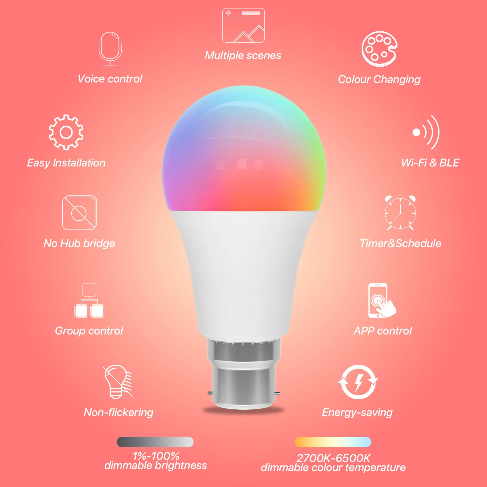 Wifi Smart Light Bulb RGBCW Dimmable 9W B22 Works With Alexa Google Assistant SmartThings Home 2700K-6500K LED Light Bulb 2PCS