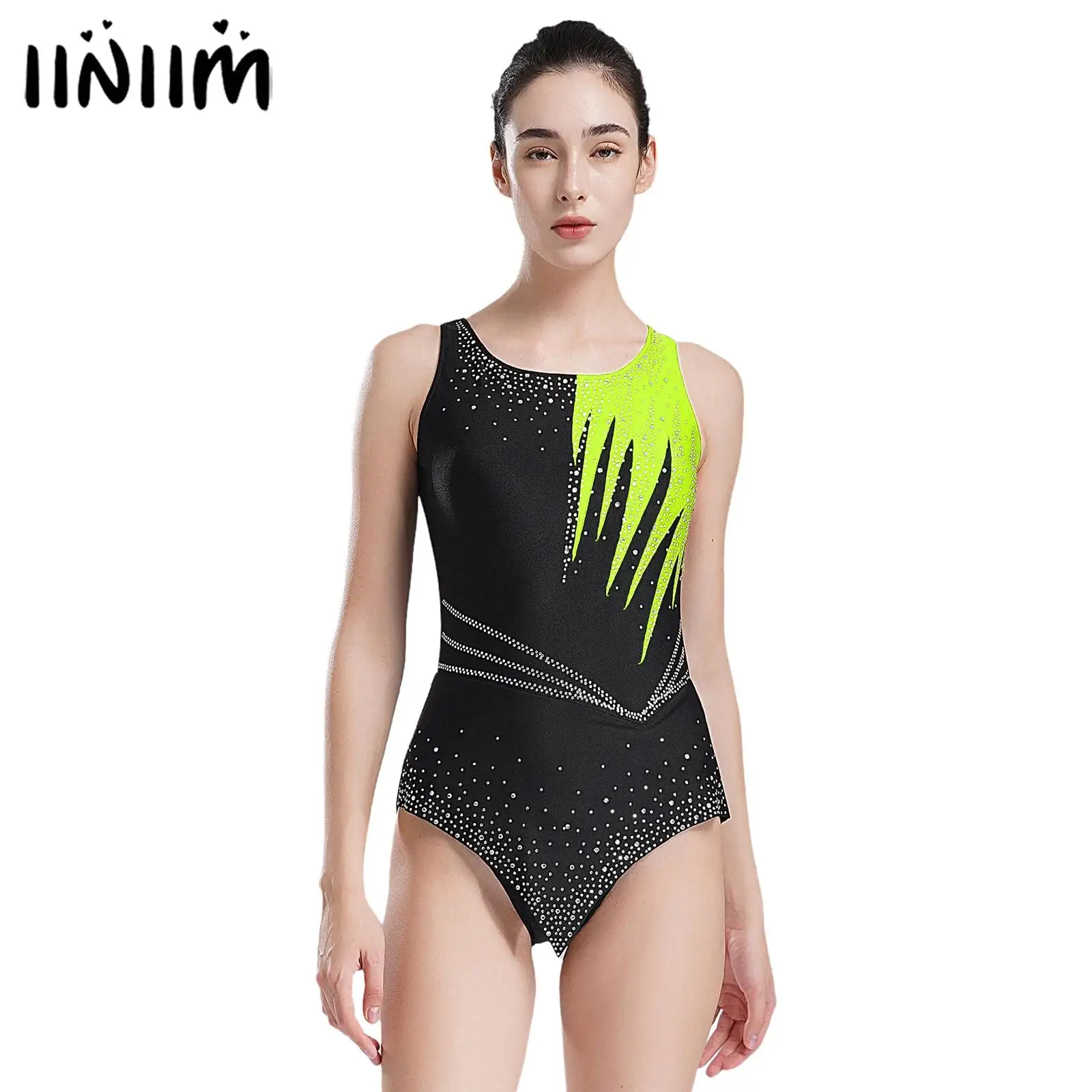 Womens Shiny Rhinestones Artistic Skating Costume Rhythmic Gymnastics Ballet Leotard Ballet Jersey Unitard Bodysuit