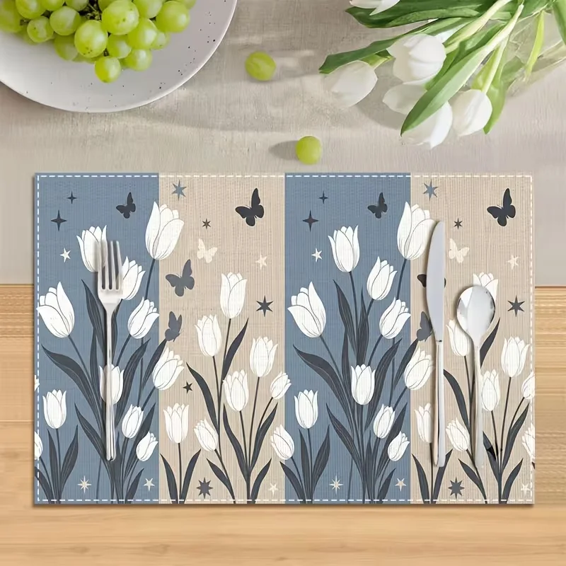 Vintage Blue White Peony Floral Printed Table Mats Classic Delft‑Style Flower Decorative Placemats for Dining Table Kitchen Home