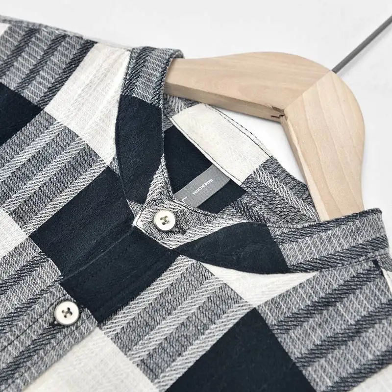 

New Mens Cotton Linen Plaid Casual Shirt Loose Fit Fake Two-Piece PU Leather Thin Style for Middle-Aged And Elderly