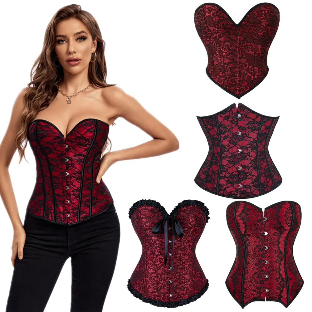 Sexy Vintage Victorian Satin Jacquard Floral Lace Overbust Corset Waist Cincher Bustier Wedding Lingerie