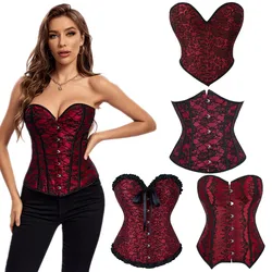 Sexy Vintage Victorian Satin Jacquard Floral Lace Overbust Corset  Waist Cincher Bustier Wedding Lingerie