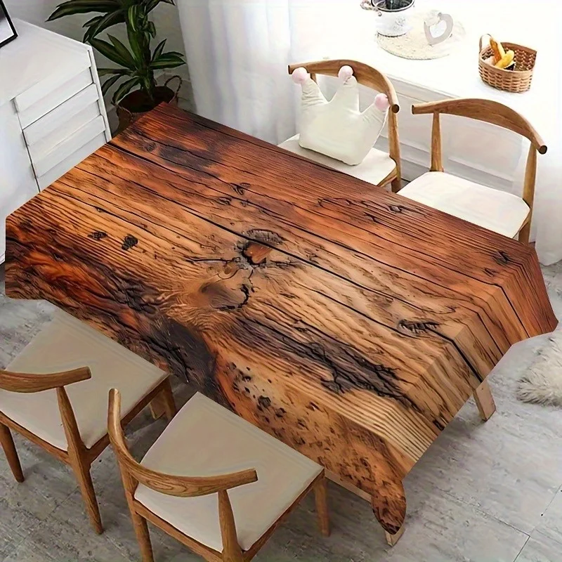 One durable polyester tablecloth with a vintage wood-grain pattern print, suitable for both indoor and outdoor use.