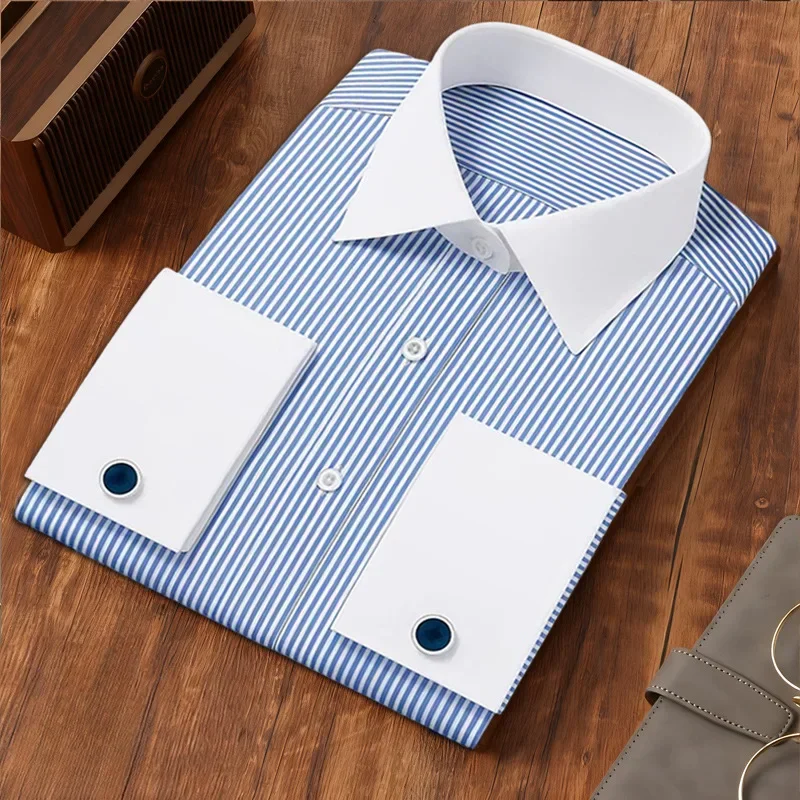 2026 France Cufflinks Men's Business Dress Long Sleeve  Classic White French Regular Fit  Lapel Men Social Shirt