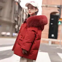 Children Real Fur Collar Thicker Down Jacket Winter New Hooded Princess Fashion Outerwear Kids Warm Down Coats 6-14 Years Wz1281