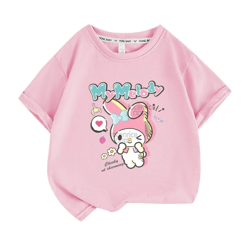 

Летняя детская одежда Sanrio из 100% хлопка, милая футболка с принтом My Melody, топ с короткими рукавами и рисунком для родителей и детей
