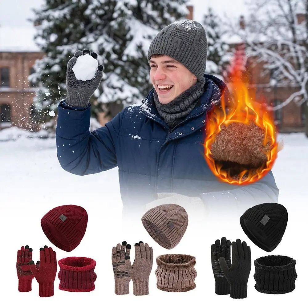 3Pcs/Set Warm Winter Hat Scarf Gloves Set Lining Non Slip Scarf Neck Warmer Suit Soft Windproof Knit Beanie Snood Set for Men