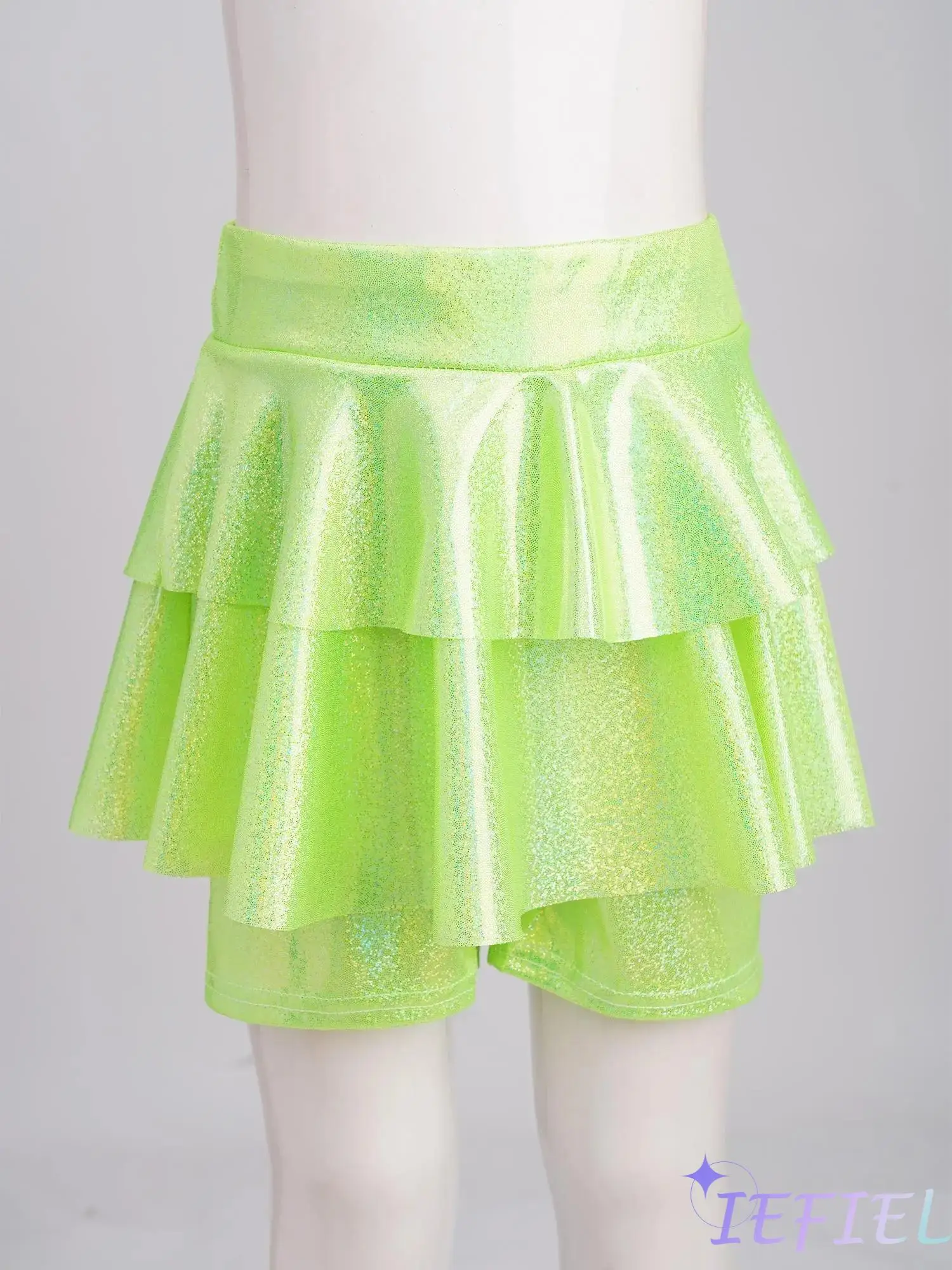 

Girls Jazz Dance Practice Skirt Elastic Waistband Metallic Shiny Skirted Shorts Culotte for Jazz Dance Cheerleading Performance