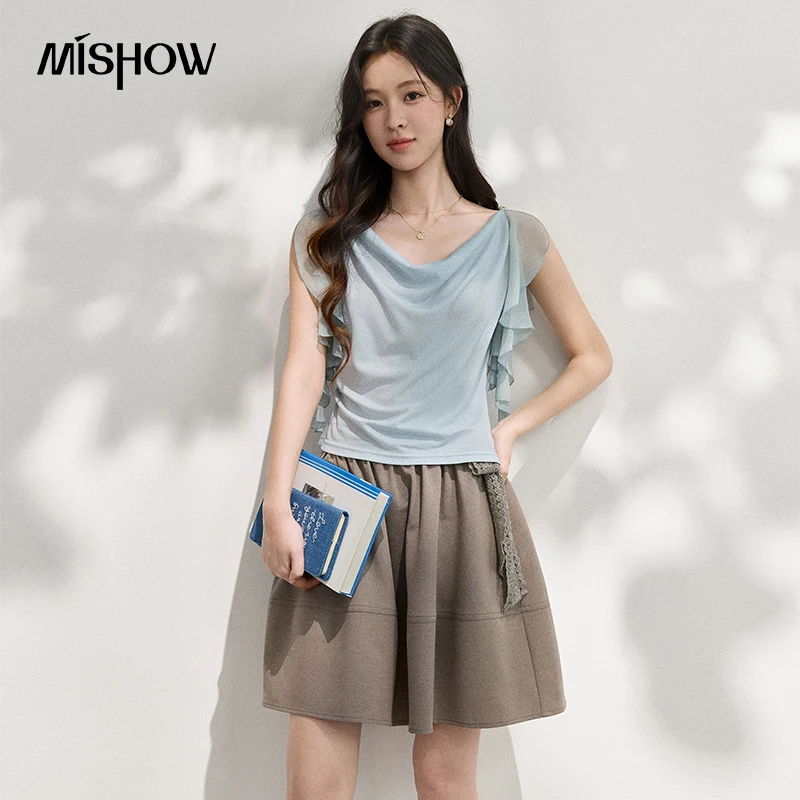 MISHOW Ruffles Off Shoulder Knitted T-Shirt Spring Summer 2026 Blue Swinging Collar Pleated Gentle Top For Women MXF25Z3108