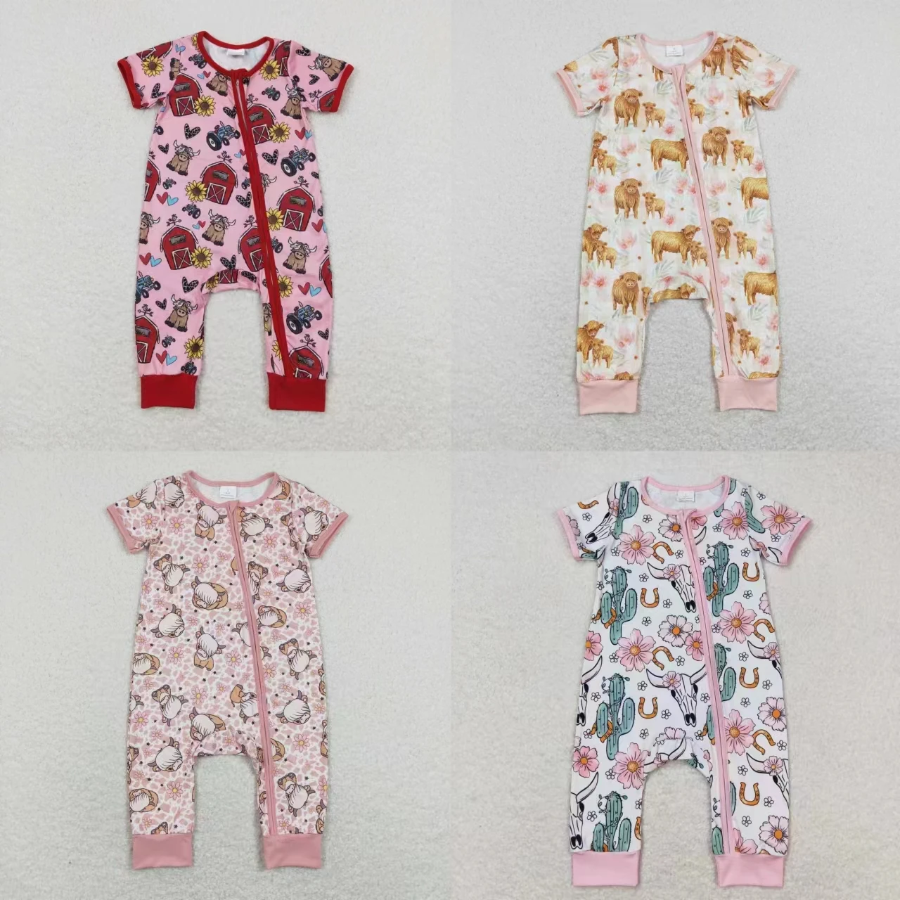 

Wholesale Western Baby Girl Short Sleeves Farm Romper Toddler Newborn Coverall Bodysuit Cow Print Floral Kids Zipper One-piece