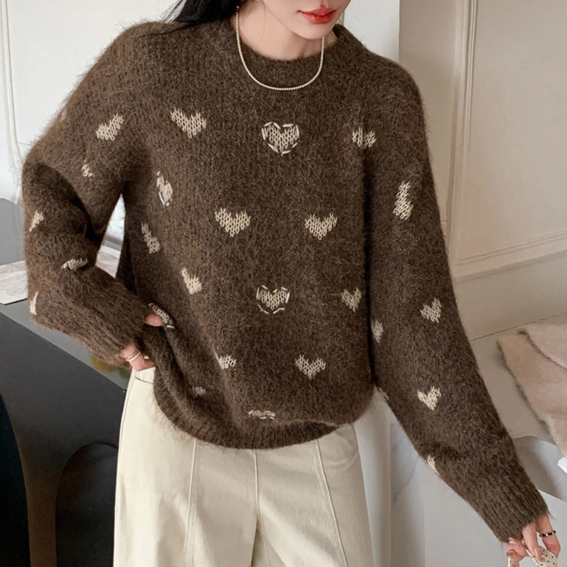 

Sweet Love Retro Sweater Women Loose O Neck Long Sleeve Cute Knitted Jumpers Korean Retro Casual Lady Fall Winter Warm Soft Tops