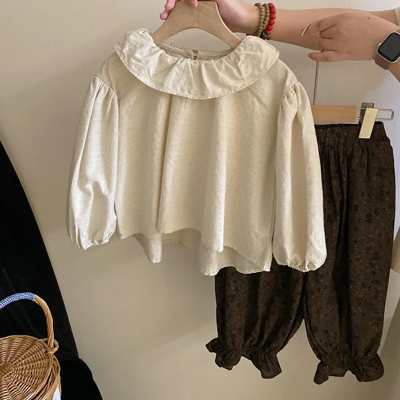 Girls Suit 2024 Autumn New Childrens Wear Korean Style Baby Girl Knit Halter Doll Collar Shirt Two-piece Set Simple Daily image 3