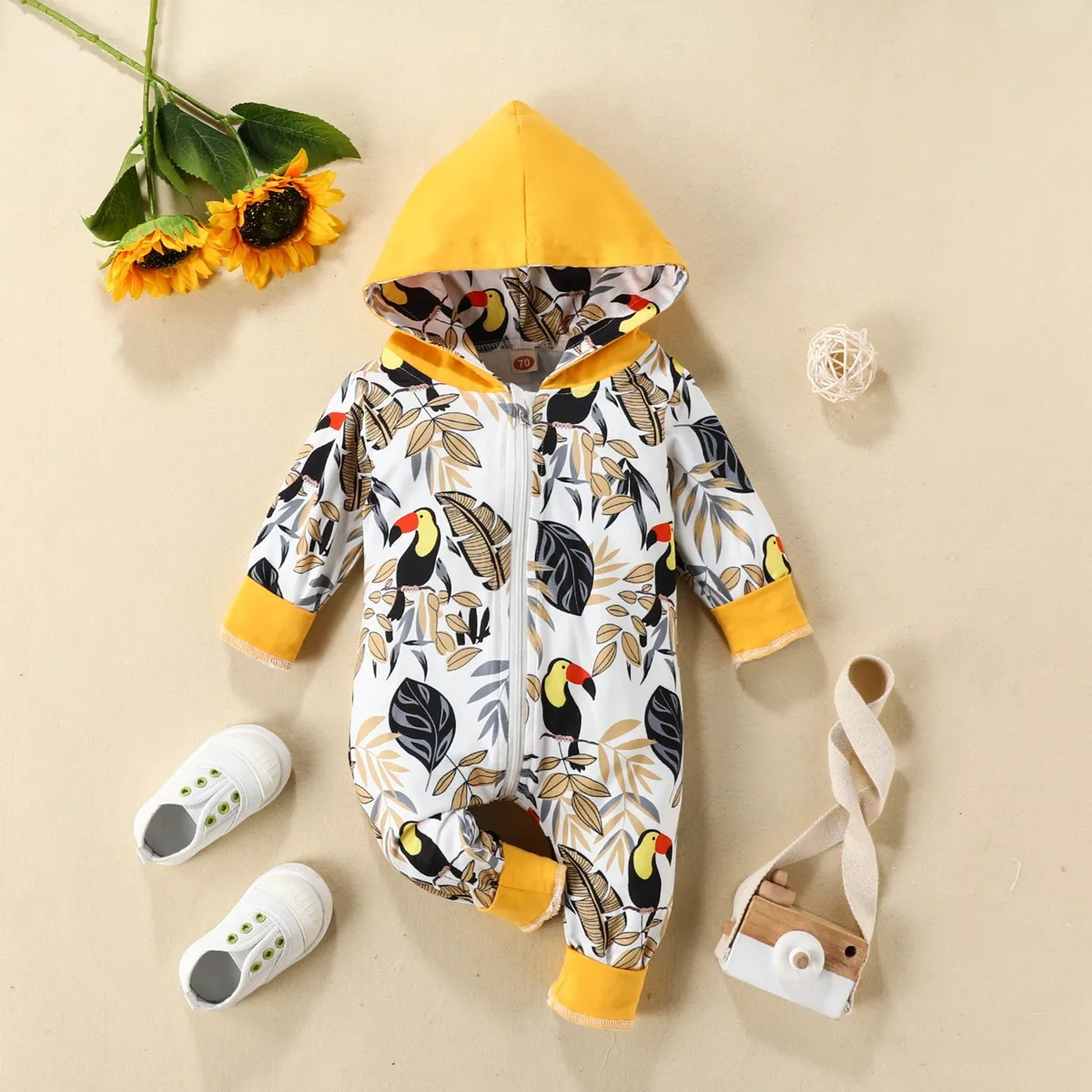 

Infant Baby Romper 0-18Months Autumn Animal and Plant Printed Hooded Bodysuit Kids Boy Girl Casual Zipper Jumpsuit