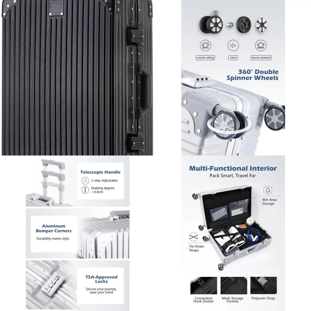 

Большой чемодан-спиннер с алюминиевой рамой и замком TSA, жесткий корпус для ПК для путешествий, черный