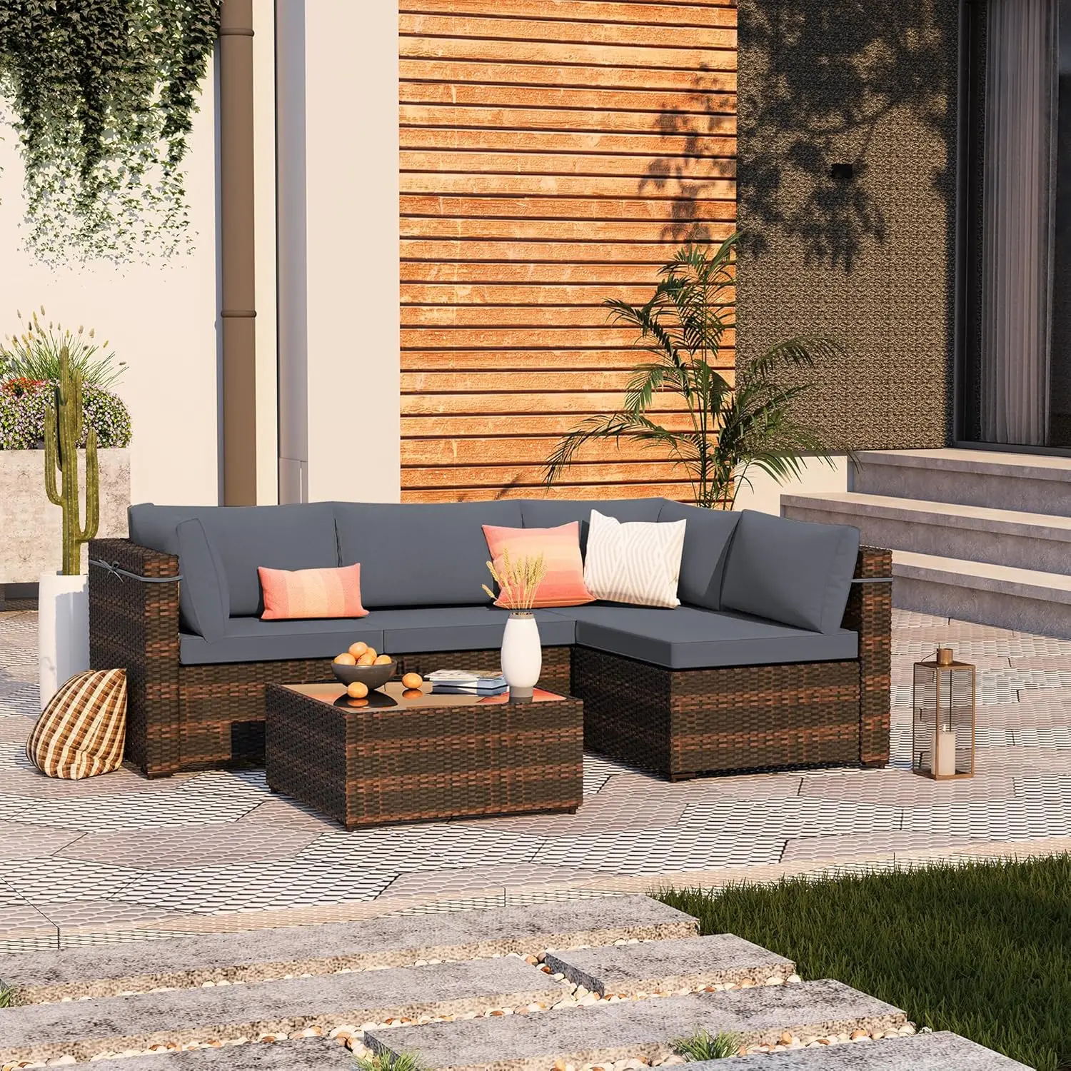 5 Pieces Patio Furniture Set Outdoor Sectional Sofa Set, Brown PE Rattan Wicker Conversation Set with Coffee Table for Deck