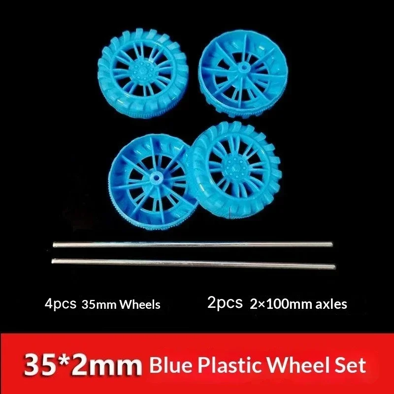 DIY Materials 35mm Blue Plastic Integrated Wheels, 4WD Car & Tank Wheels with Axle Set
