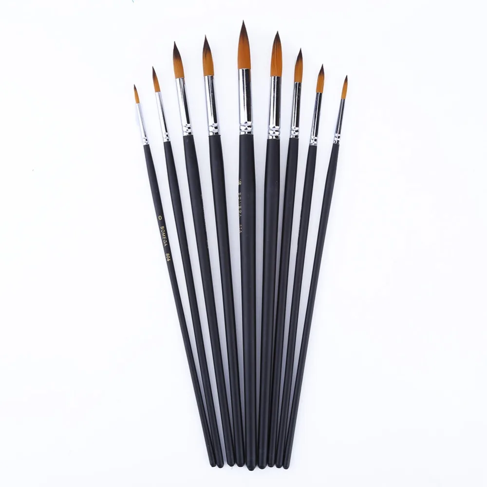 9PCS Pointed Tip Paint Brushes Set Wooden Handles Multi-Purpose Paint Brushes Nylon Hair Gouache Brush Watercolor Coloring Work