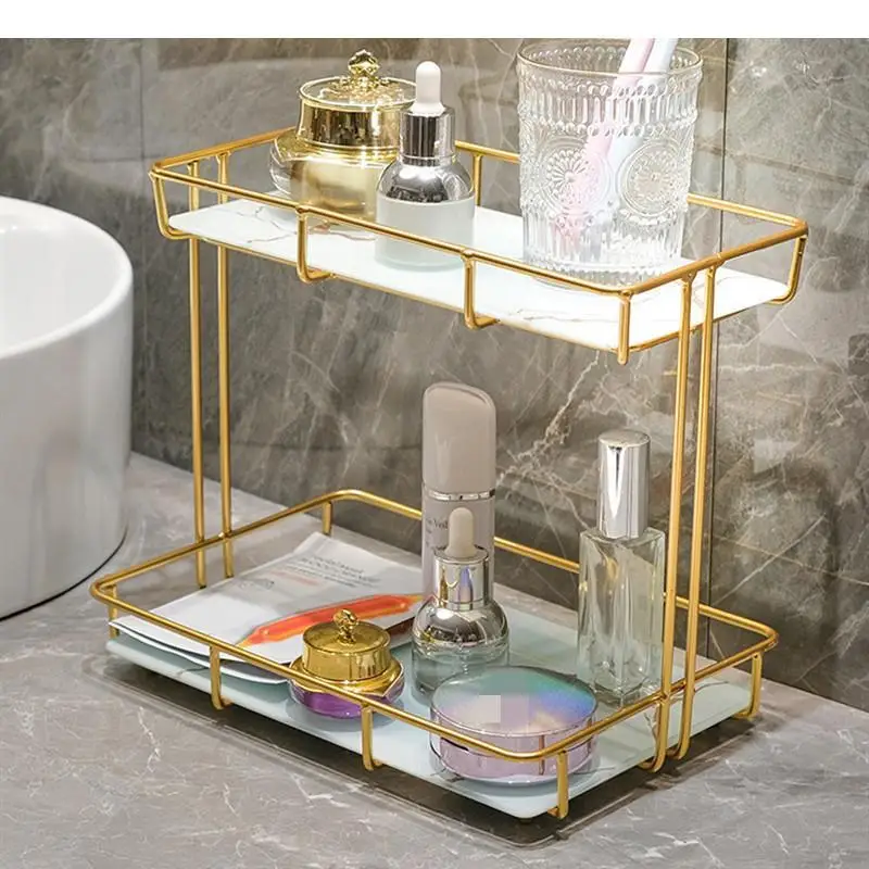 2-layer Storage Rack Metal Marbled Glass Shelf Bathroom Shelves Cosmetic Organizer Tray Decorative Display Stand