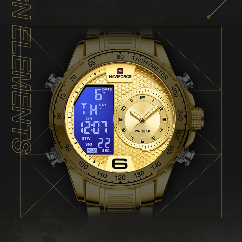 NAVIFORCE Luxury Brand Watches For Men Stainless Steel Chronograph Digital Quartz Wrist watch Fashion Luminous Waterproof Clock