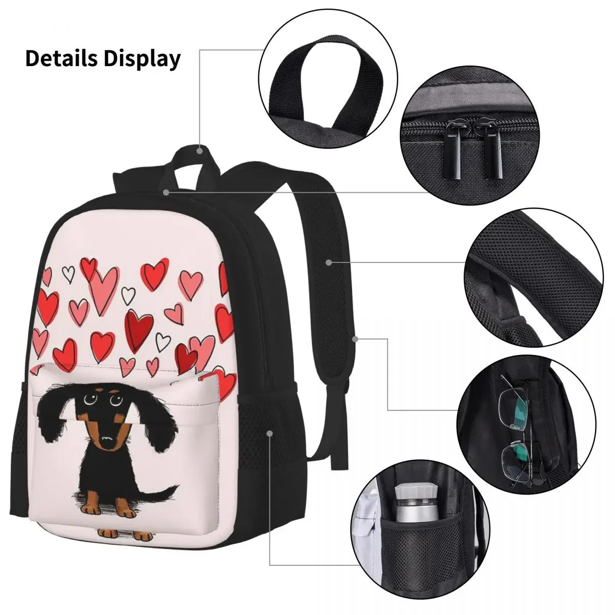 Cute Dachshund Puppy Dog With Valentine Hearts Backpacks Boy Girl Bookbag School Bags Rucksack Lunch Bag Pen Bag Three-Piece Set