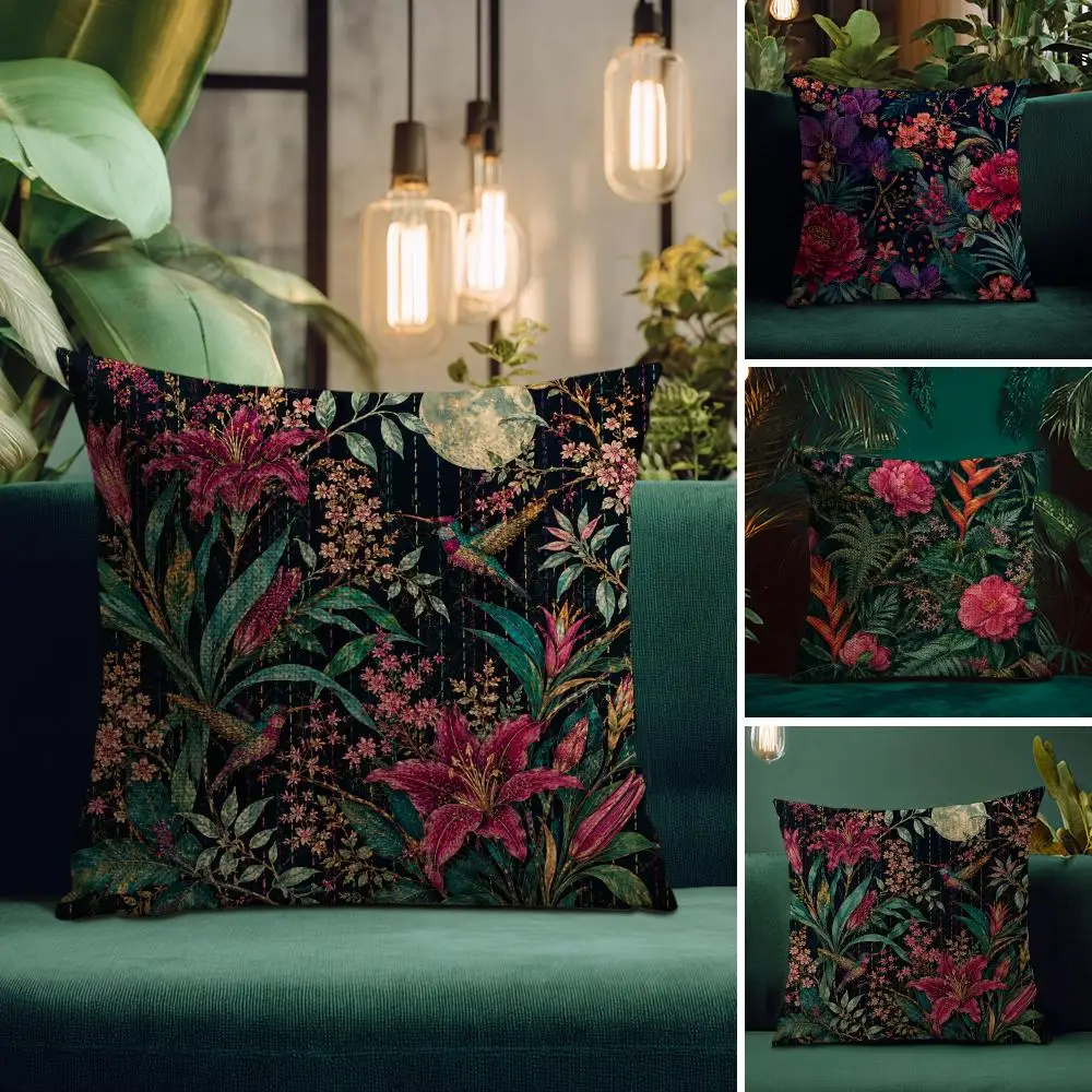 Moon & Hummingbird Floral Art Cushion Cover Natural Linen Organic Fabric Double-Sided Printing Breathable Perfect Gift For Decor