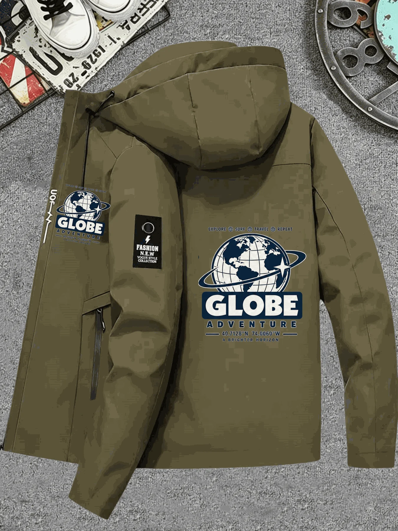 Men Hooded Jacket Globe Adventure Graphic Print Zip Up Windbreaker Casual Streetwear Autumn Coat