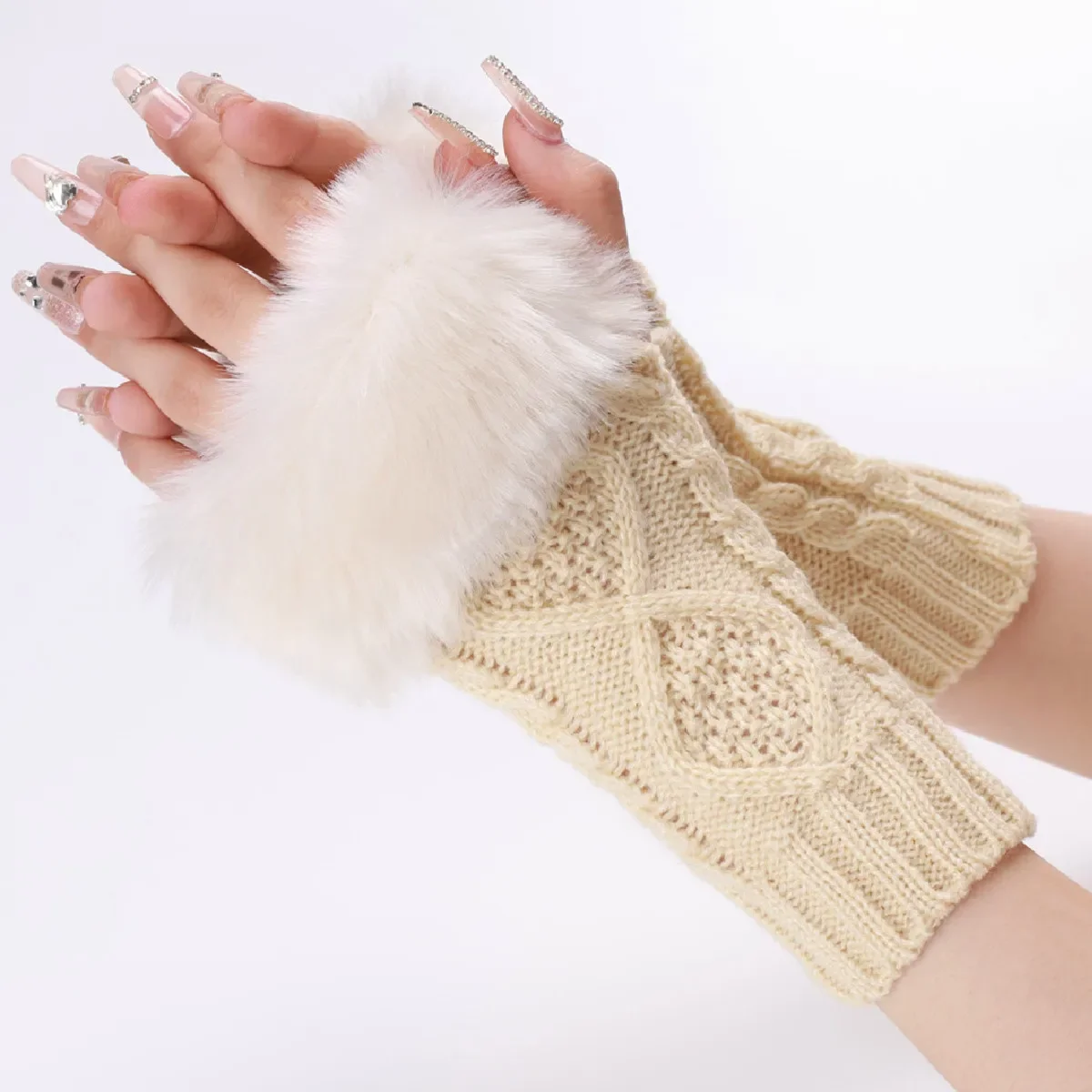 Womens Fashion Wrist Gloves Autumn Knitted Yarn Sleeves Fingerless Gloves with Fur Trim Winter Warm Office Work Gloves for Women