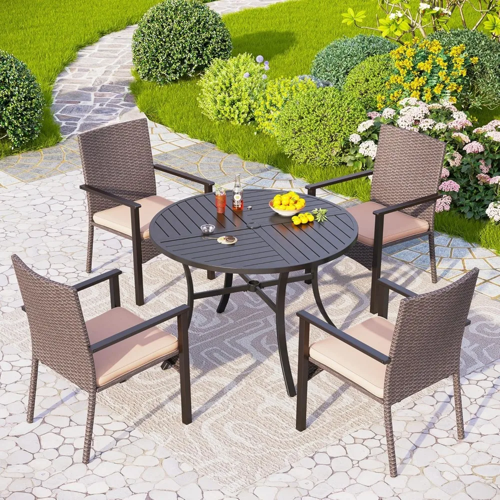 

5 Piece Outdoor Dining Table Set for 4, 42” Round Steel Dining Table with Umbrella Hole & 4 Metal-Frame Wicker Chairs for Patio