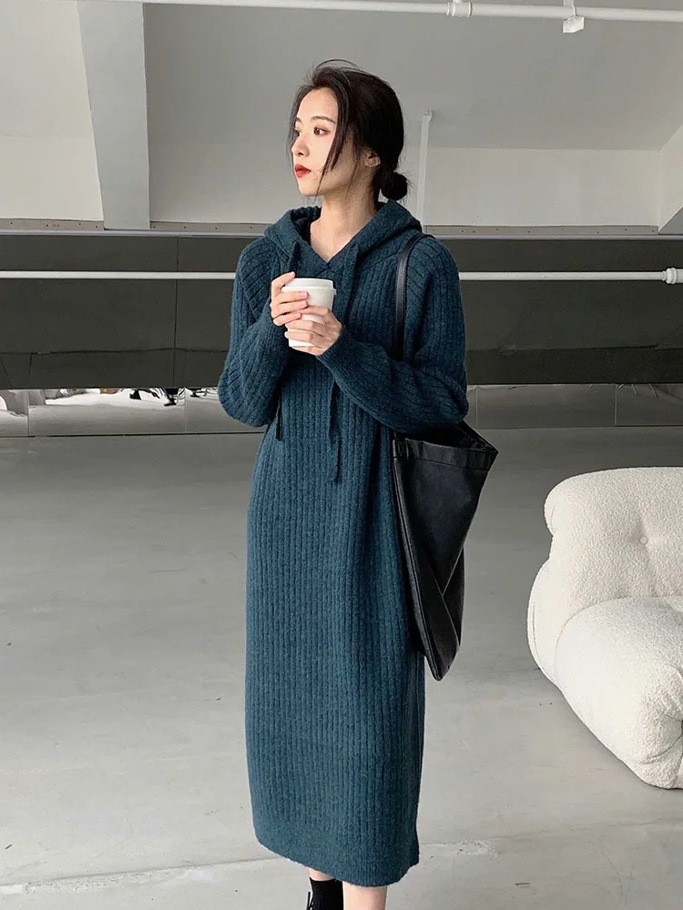 Coréen Sle automne hiver à capuche tricoté Dr ample mi-long sur le genou couche de Base femmes Faion pull Dr