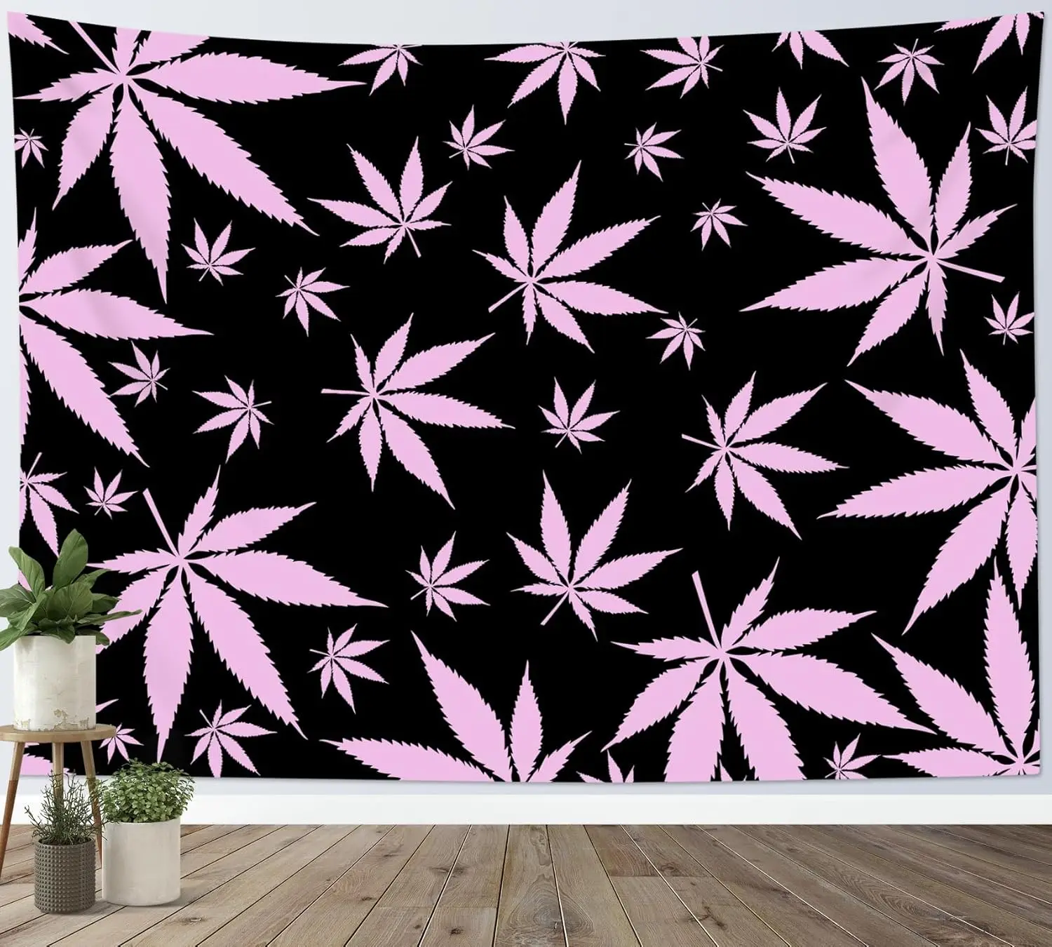 Pink Weed Leaf Tapestry - 420 Stoner Wall Art, Trippy Psychedelic Room Decor, Black Background, Multiple Sizes