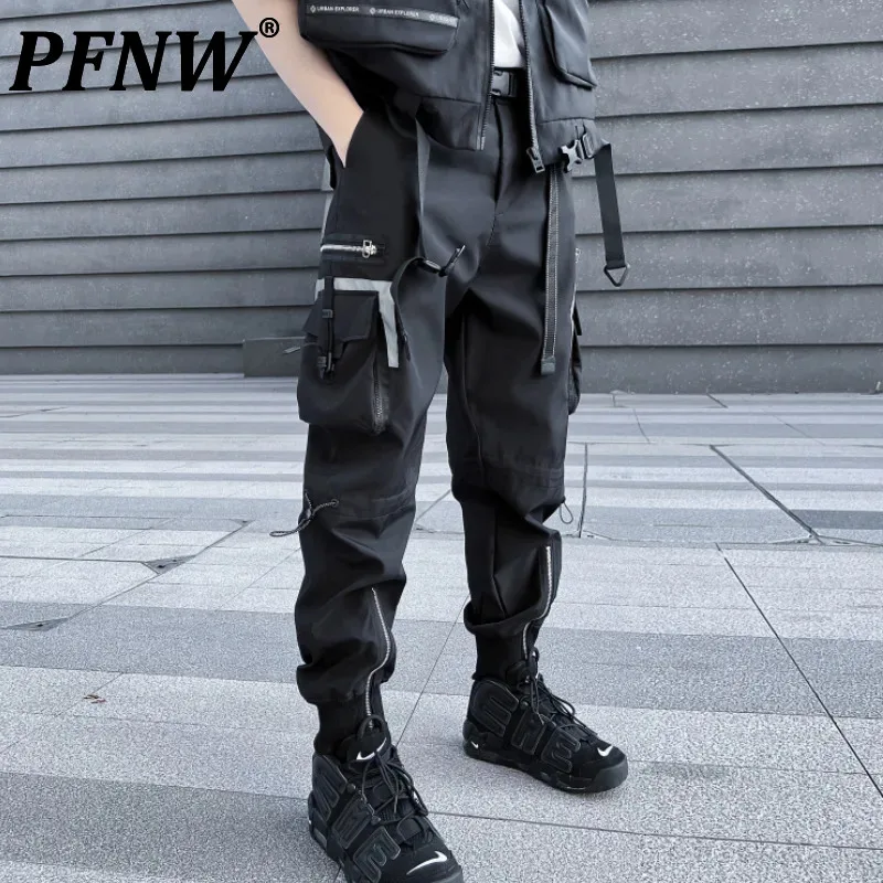 PFNW Men's Chic Side Zipper Design Cargo Pants Autumn Fashion Darkwear Wearproof Anti-wrinkle Drawstring Trousers 12A8144