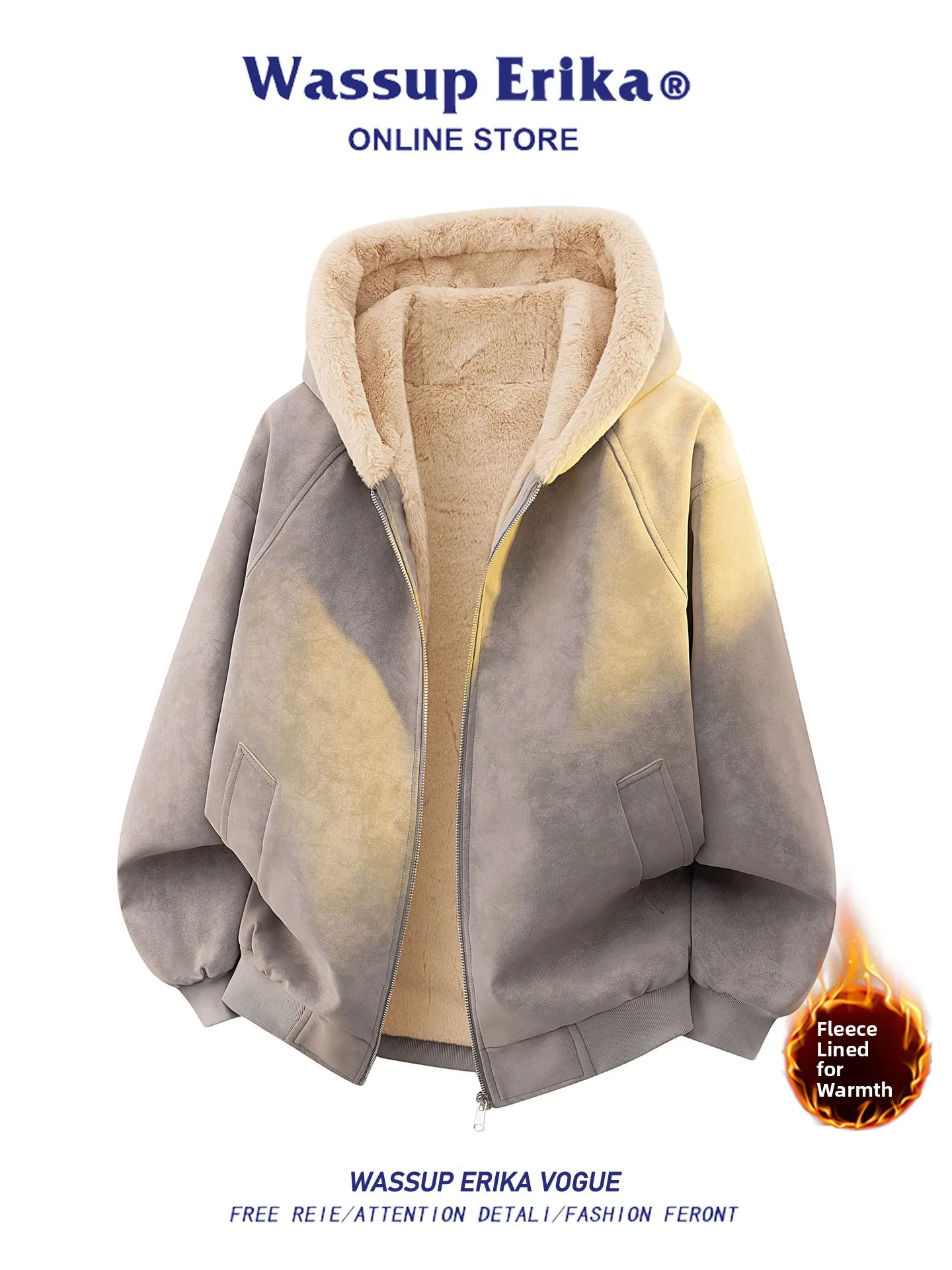 Wassup Erika Jaet de algodón para hombre con capucha peso ligero piel de Litchi Otoño Invierno cálido Casual Faion relleno de fibra de poliéster