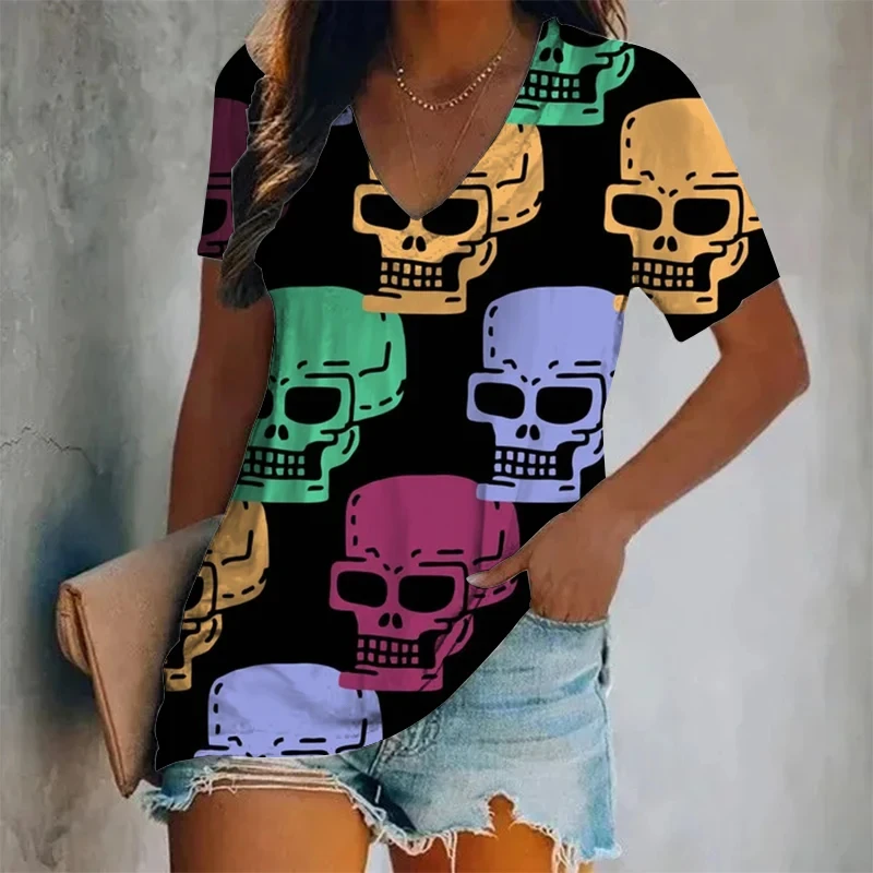 Summer Women Vintage T-shirt Colorful Skull V-Neck Tops Tees Female Fashion Short Sleeve Clothing Ladies Casual Stylish Outfit