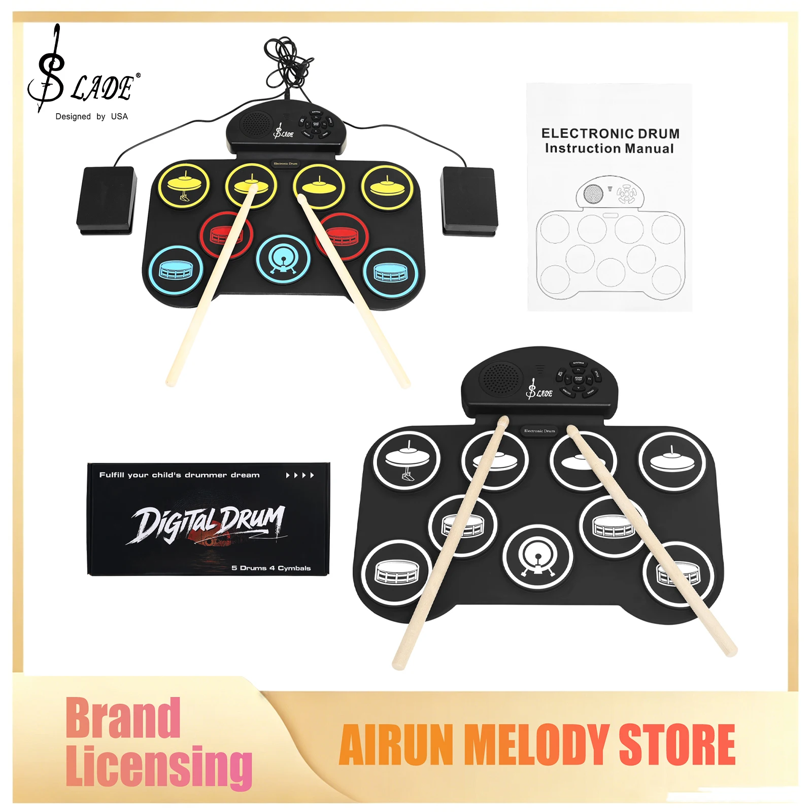 slade-sd-9-roll-up-electronic-drum-9-pads-5-drums-4-cymbals-with-built-in-speaker-digital-drum-drumsticks-for-indoor-music-play