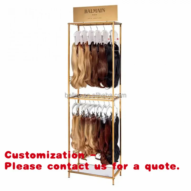 custom.In Stock Custom Salon Gold Metal Human Hair Rack Wig Shop Display Shelf Floor Standing Hair Extension Display Stand