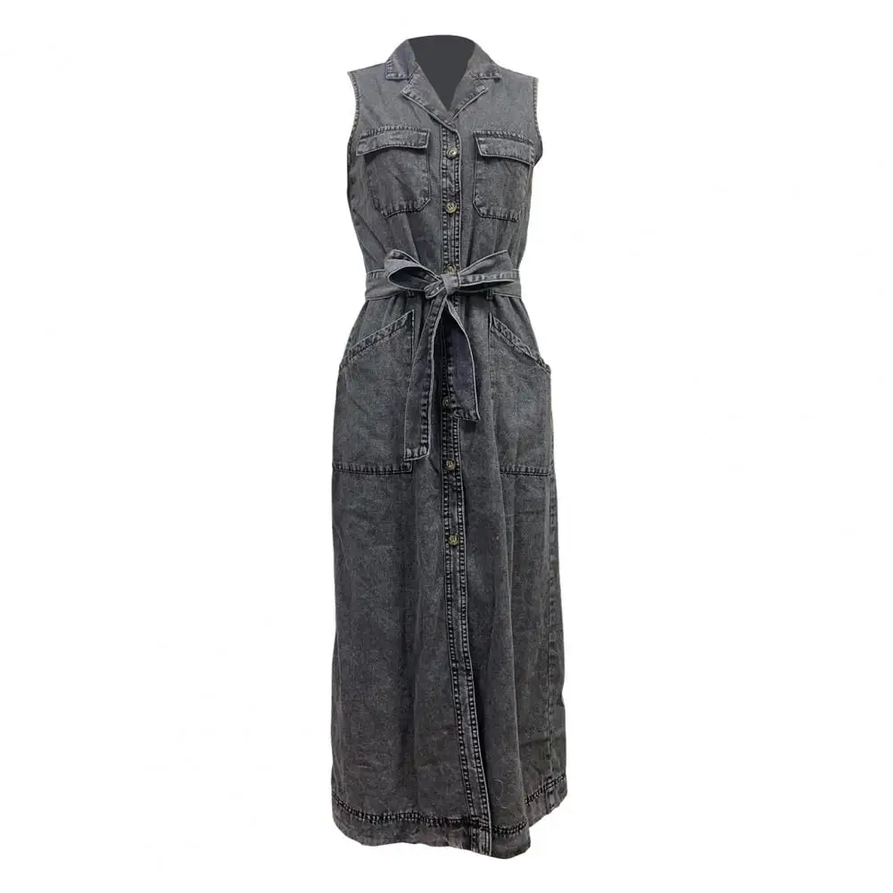 Women Button-down Dress Denim Shirt Dress with Belt V Neck Maxi Dress for Women Elegant Button Down Long Jean with Pockets Lapel