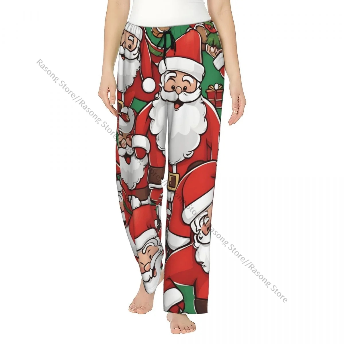 Funny Santa Claus Christmas Flannel Pajama Pants for Women Soft Warm Sleep Pants with Elastic Waistband