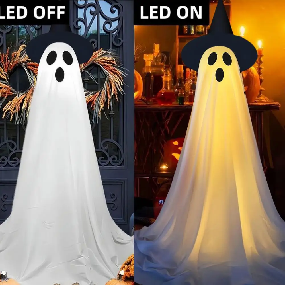 Height Adjustable Ghost Decor Spooky Halloween Ghost Decorations Set for Outdoor Yard Light-up Standing Ghost with Witch Hat