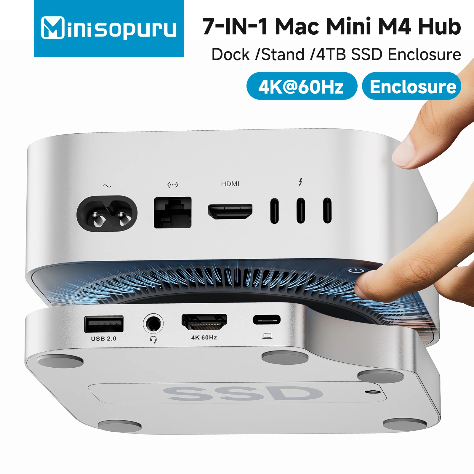 Minisopuru Mac Mini M4 Dock Stand con carcasa M.2 Nvme SSD 4K60Hz HDMI tarjeta SD/TF concentrador USB C multipuerto para Mac Mini M4/M4 Pro