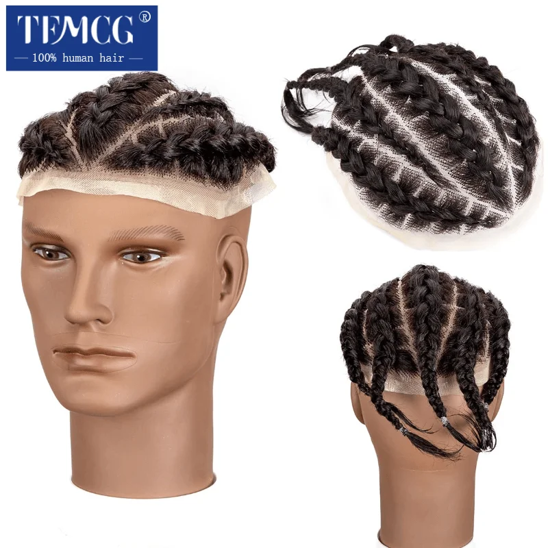 Men's Wig Braided Full Lace Toupee For Black Men 100% Human Hair Replacement Afro Corn Braids Male Hair Prosthesis Wigs for Men