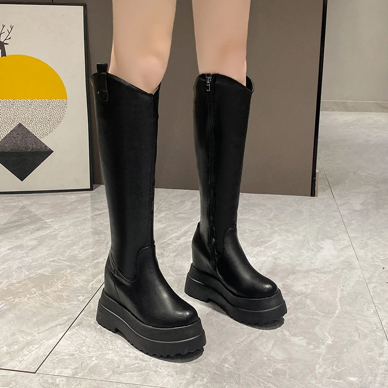 Winter Long Boot Chunky Leather Knee High Boots Women Retro Punk Height Increasing Platform Motorcycle Boots Woman Booties Mujer