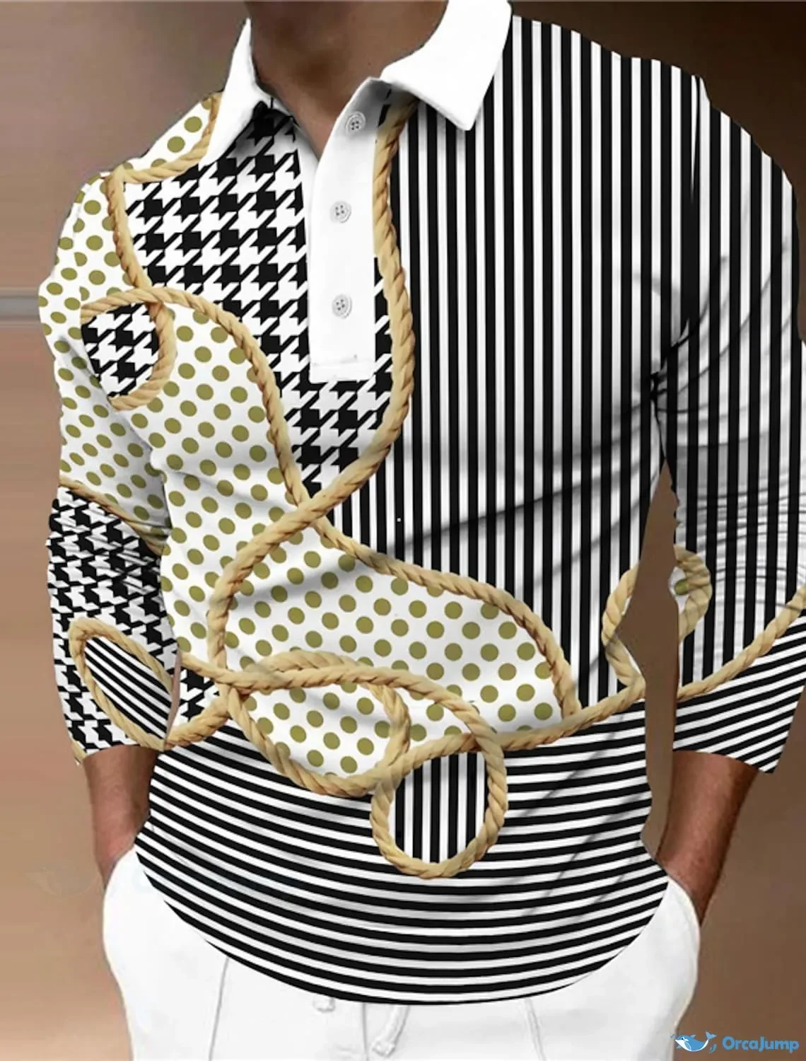 

Men's striped black and white long-sleeved Polo shirt lapel sports casual outdoor office daily wear button spring autumn winter
