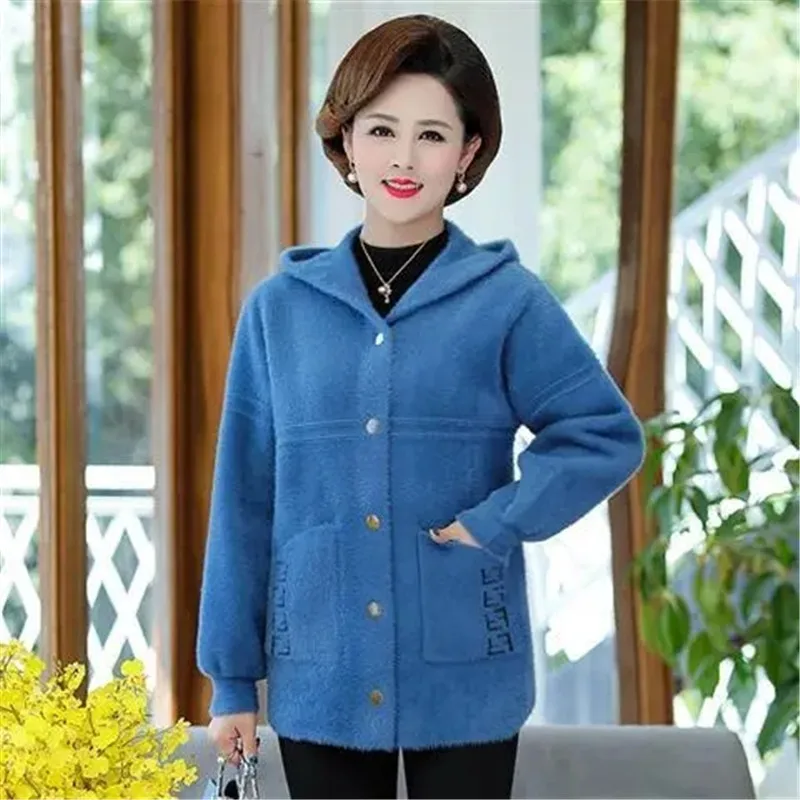 

Middle-Aged Mother Autumn Winter Coat Fashion Temperament Imitation Mink Fleece Outerwear Hooded Single Breasted Women's Jacket